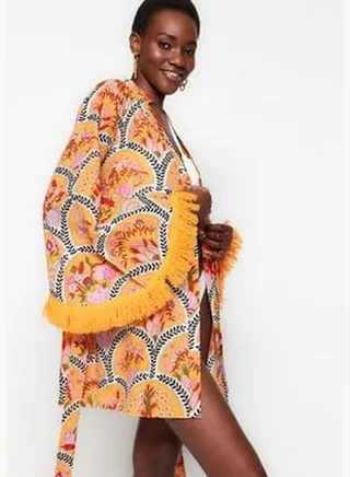 Floral Patterned Mini Woven Kimono&Caftan with Tassels 100% Cotton TBESS23KM00004