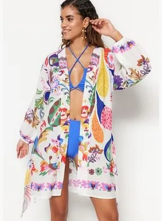 Floral Pattern Belted Mini Weave 100% Cotton Kimono & Kaftan with Balloon Sleeves TBESS22KM0022