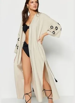 Beige Belted Maxi Woven Kimono & Kaftan with Embroidered Embroidery