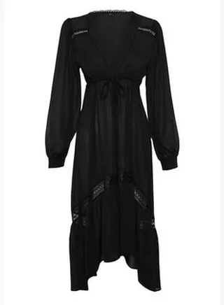 Black Tropical Patterned Maxi Woven Chiffon Kimono & Kaftan with Stripe Accessory TBESS23KM00002