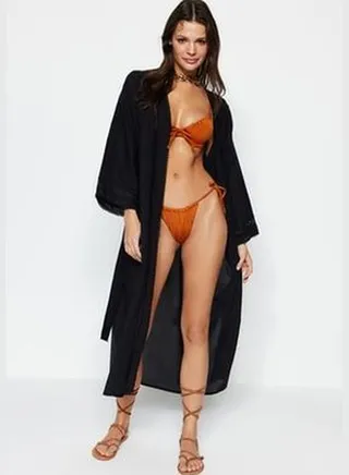 Black Belted Maxi 100% Cotton Kimono & Kaftan with Weave Stripes Accessories TBESS21KM0008