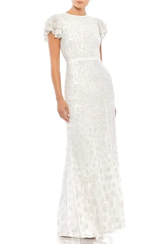 Floral Sequin Cap Sleeve Mesh Gown