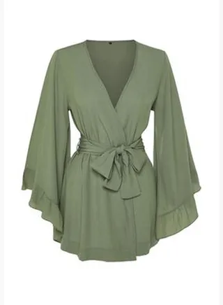Khaki Belted Mini Woven Flounce Kimono & Kaftan TBESS21KM0002
