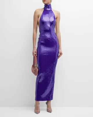 Mock-Neck Sequin Open-Back Column Gown