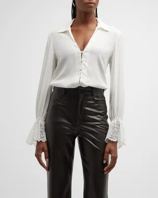 Shyla Lace-Cuff Button-Front Blouse