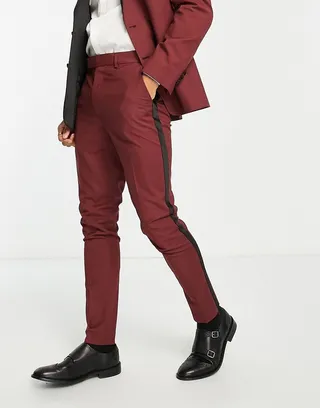ASOS DESIGN skinny tuxedo suit pants in burgundy