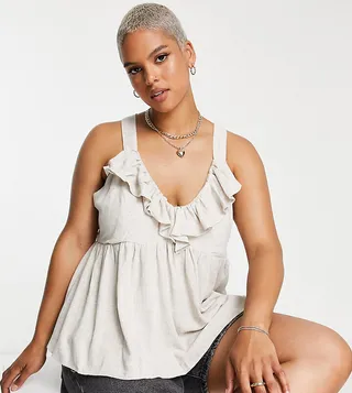 ASOS DESIGN Curve ruffle front cami in natural linen