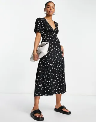 ASOS DESIGN tiered midi wrap dress with puff sleeve in mono ditsy print