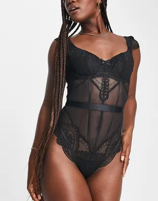 Hunkemoller Heira lace and mesh underwire bodysuit with lace strap detail in black