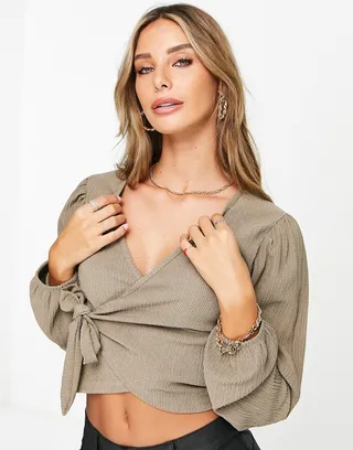 Trendyol long sleeve knitted wrap top in mink
