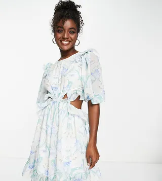 In The Style x Lorna Luxe frill open back cutout mini tea dress in multi