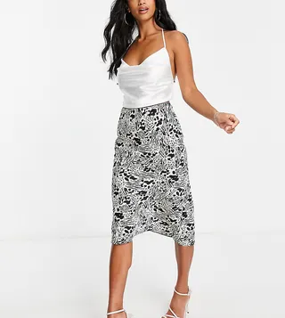 Miss Selfridge Petite satin bias midi skirt in mono animal