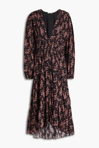 Joan gathered floral-print cotton-blend jacquard midi dress