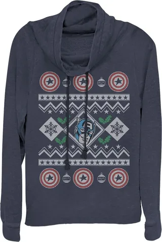 Junior's Marvel Ugly Christmas Captain America Cowl Neck Sweatshirt - Navy Blue - X Small