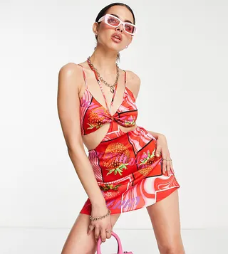 ASYOU cut out satin mini dress in strawberry print