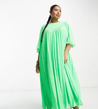 ASOS DESIGN Curve textured pleated midi dress with pleated sleeves and V detail in green