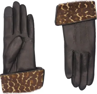 Leopard Print Genuine Calf Hair Cuff Leather Gloves
