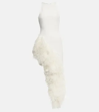 Feather-trimmed crepe gown