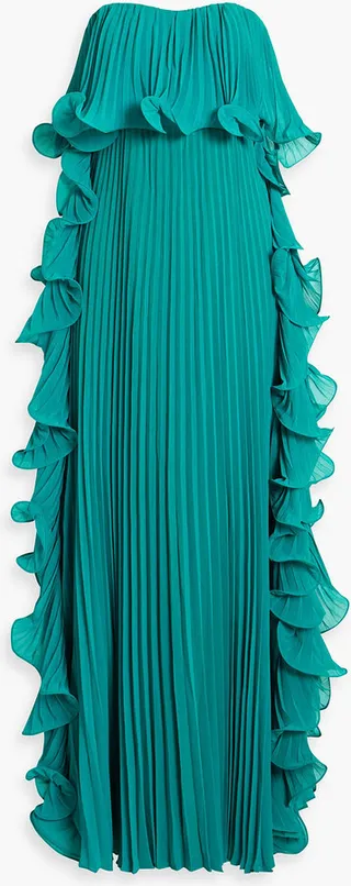 Strapless ruffled pleated georgette maxi dress