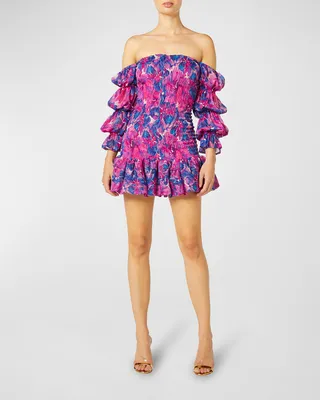 Noura Off-the-Shoulder Smocked Mini Dress