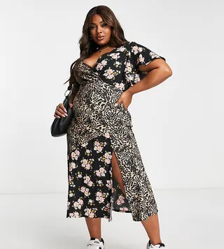 ASOS DESIGN Curve crinkle wrap midi tea dress in leopard and ditsy print
