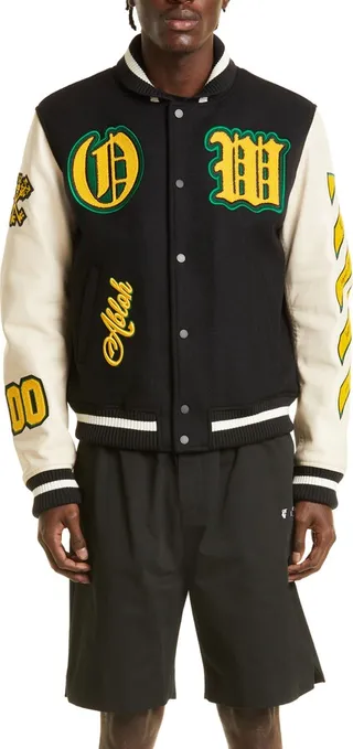 Stretch Wool Blend & Leather Varsity Jacket