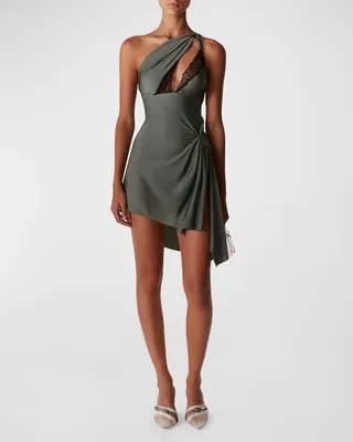 Asymmetric Cutout Lace-Trim One-Shoulder Mini Dress