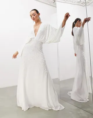ASOS EDITION Lisa drape sleeve plunge wedding dress with floral embellishment in ivory