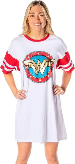 DC Comics Women's Wonder Woman Classic Logo Nightgown Pajama Shirt Dress (XS) White