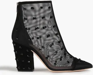 Embellished suede-trimmed mesh ankle boots