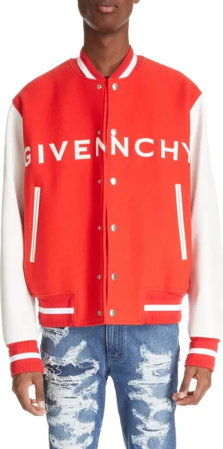 Embroidered Logo Mixed Media Leather & Wool Blend Varsity Jacket