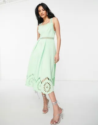ASOS DESIGN cut work midi dress with scallop hem in green ash