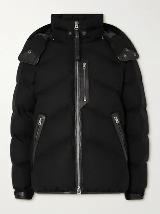 Leather-Trimmed Quilted Cashmere and Wool-Blend Felt Hooded Down Jacket
