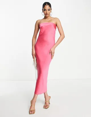 ASOS DESIGN satin bandeau midi dress with cowl back in hot pink