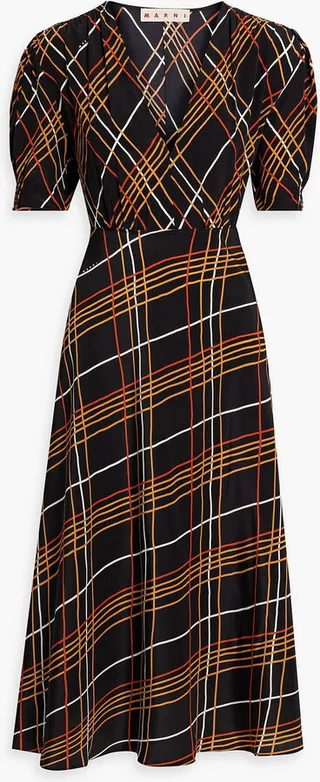 Pleated checked silk crepe de chine midi dress