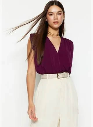 Plum Padding Double Breasted Collar Flexible Knitted Bodysuit