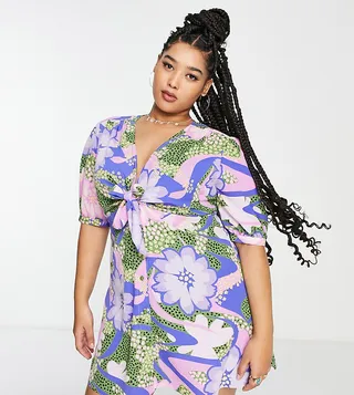 ASOS DESIGN Curve tie front button through mini dress in mixed large and ditsy floral