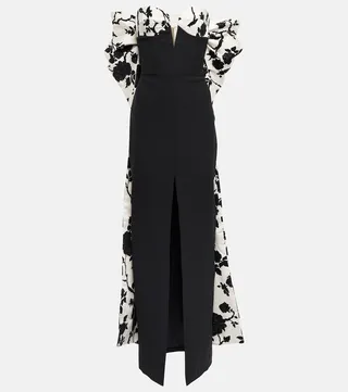 Bow-trimmed jacquard and crepe gown