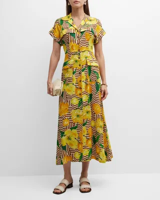 Check Floral-Print Short-Sleeve Midi Shirtdress