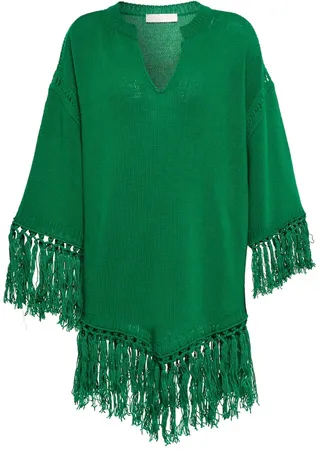 Fringe-trimmed virgin wool poncho