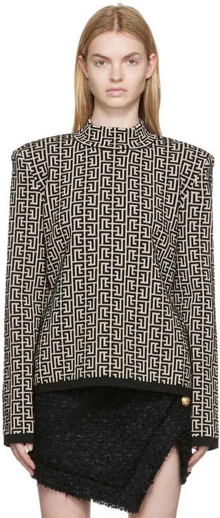 Balmain Black & Off-White Monogram Turtleneck