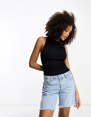 ASOS DESIGN seamless ribbed racer tank top in black