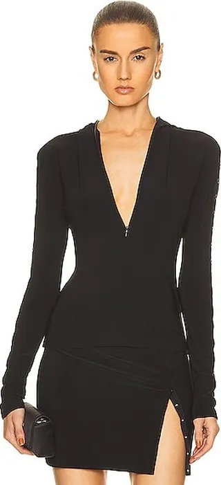 Norma Kamali Snap Ribbon Long Sleeve Turtleneck Skull Cap Top in Black