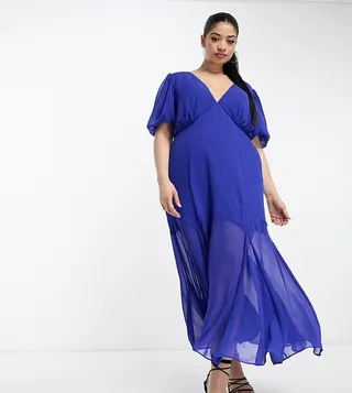 ASOS DESIGN Curve chiffon V-neck midi dress with flutter sleeves and godet hem in cobalt