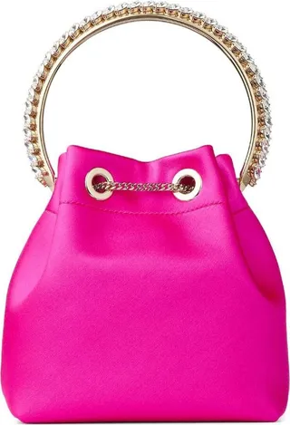 'bon Bon' Mini Fuchsia Handbag With Metal Crystal Bracelet Handle In Satin Fabbric Woman