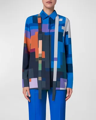 Pixel Flower-Print Neck-Tie Collared Silk Crepe Blouse