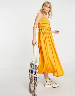 Topshop shirred ruffle midi dress in ochre