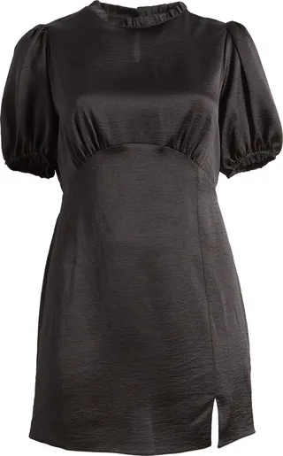 Curve Ruffle Neck Puff Sleeve Satin A-Line Dress