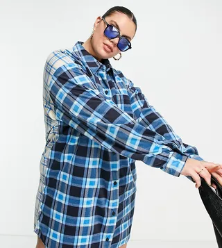 COLLUSION Plus mixed check printed fleece oversize mini shirt dress