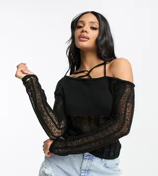 AsYou fluffy web strappy asymmetric neckline top in black